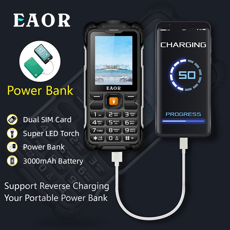 EAOR Power Bank Rugged Phone IP68 Water/Dust-proof Keypad Phones 3000mAh Big Battery 2G Feature Phone Push-button Mobile Phones