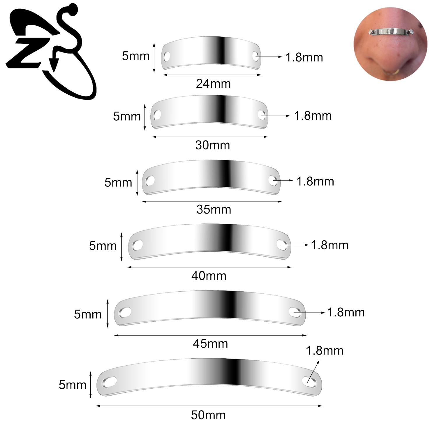 ZS 1 PC Punk Woundplast Shape Stainless Steel Bridge Ear Piercing Men 24MM-50MM Nose Piercing Chain Body Piercings Accessories: GRAY / Rhodium Plated