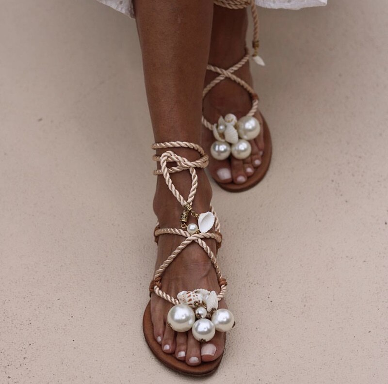 Sandalias con cordones cruzados de verano a la para mujer, sandalias con perlas, Sandalias planas para mujer, vestidos de en la playa, zapatos con perlas, Sandalias planas romanas