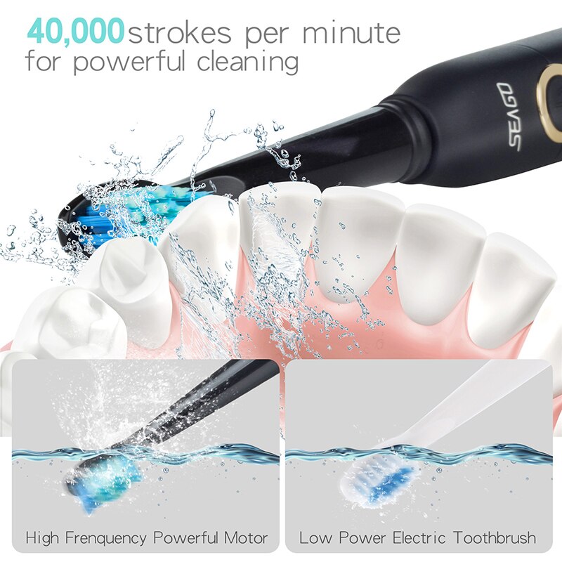 SEAGO Sonic Electric Toothbrush Adults Timer 5 Modes USB Rechargeable Tooth Brush Replacement Brush Head Nozzles Box SG-507