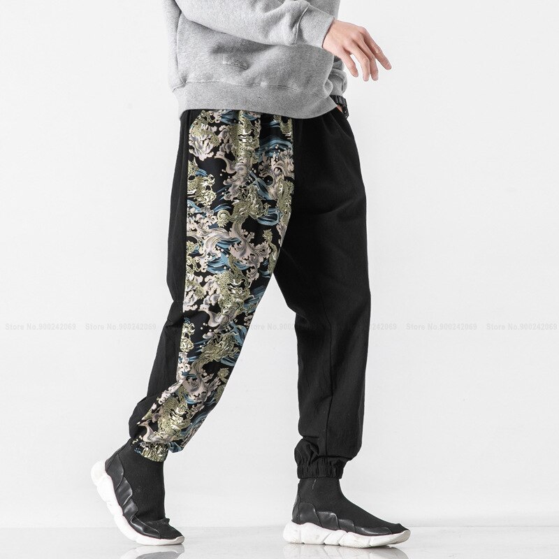 Mannen Linnen Harembroek Japanse Harajuku Stijl Casual Broek Patchwork Bloeiers Chinese Mode Print Bodems Jogger Broek