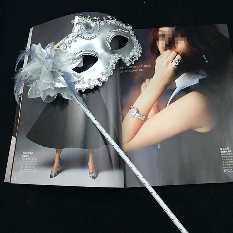 10pcs Sexy Prom Wedding Party Mask Women Costume Venetian Cosplay Masquerade Dance Handheld Sticks Flower Decoration on Stick: silvery