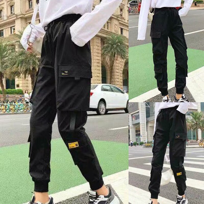 lässig Frauen Lauf Hosen Streetwear Ladung-Schlauch Schwarz Elastische Taille breite bein Jogger Hosen Weibliche verlieren Haren ausgebeult Hosen