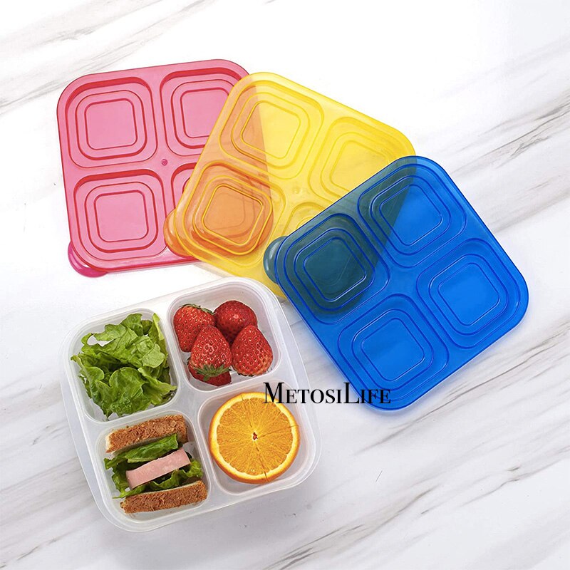 Plastic Bento Snack Box Reusable 4 Compartments Leakproof Food Meal Prep Containers for School,Work And Travel Dishwasher Safe