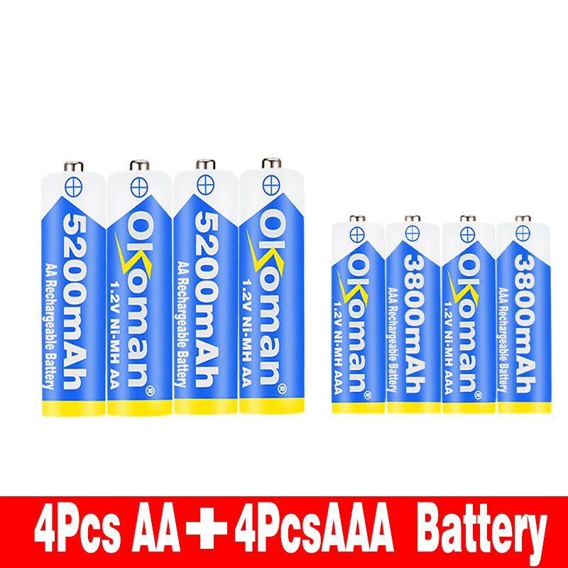 Okoman High capacity 5200mAh NI MH AA Rechargeable Batteries+AAA battery 3800 mAh Rechageable battery NI-MH 1.2 V AAA battery: White