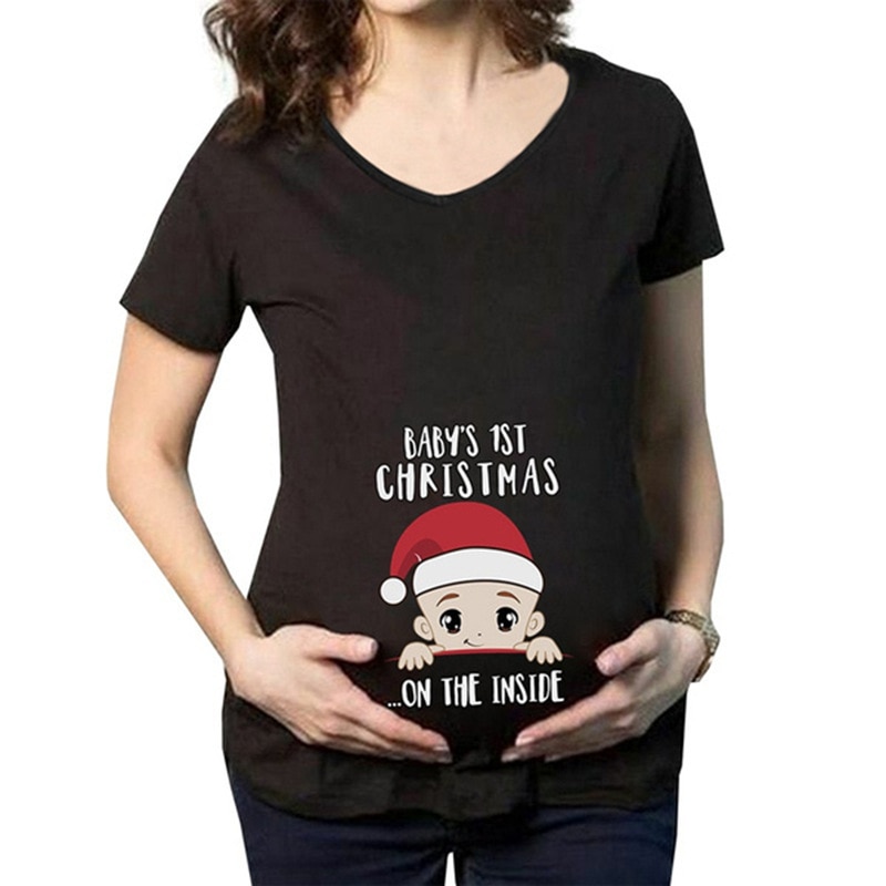 T-shirt de maternité drôle pour les femmes enceintes joyeux noël vêtements de grossesse hauts amples bébé 1st noël imprimer t-shirt