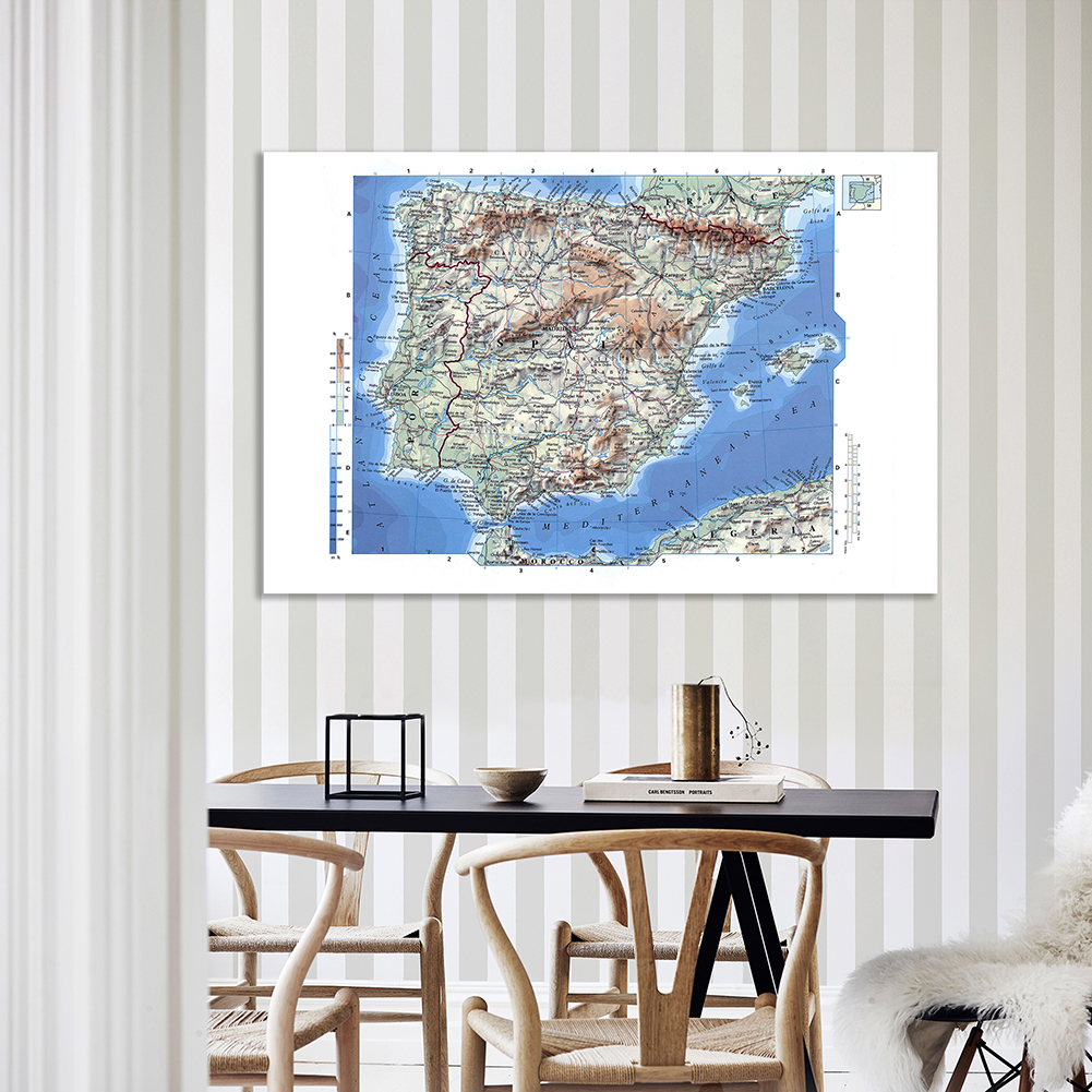 150*100cm Terrain Elevation Map of The Spain Detailed Poster Spray Canvas Painting Wall Art Prints School Supplies Home Decor