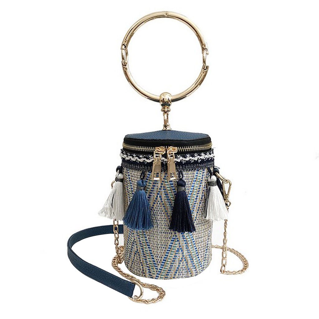 Aelicy Vintage Fringed Woven Lace Straw Handbag Ladies Summer Rattan Bag hand-woven Beach Circle Luxury Handbag: Blue