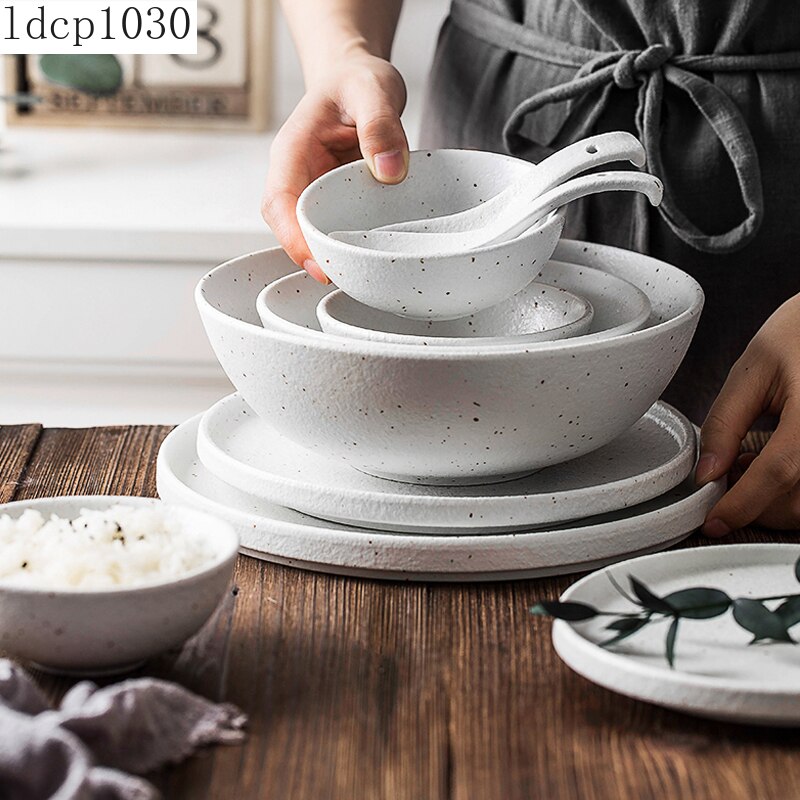 Japanese-style Tableware Set Bowls and Plates Round White Ink Point Dinner Plates Home Western Dishes Dinner Plates