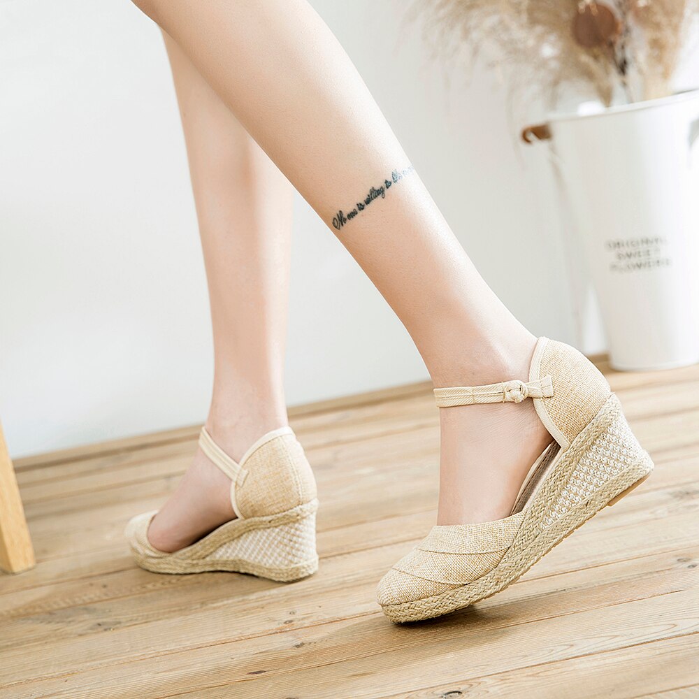 Veowalk – Espadrilles à semelles compensées en lin pour femmes, sandales faites à la main en Patchwork, plates-formes de 6cm, chaussures bohème, escarpins d'été