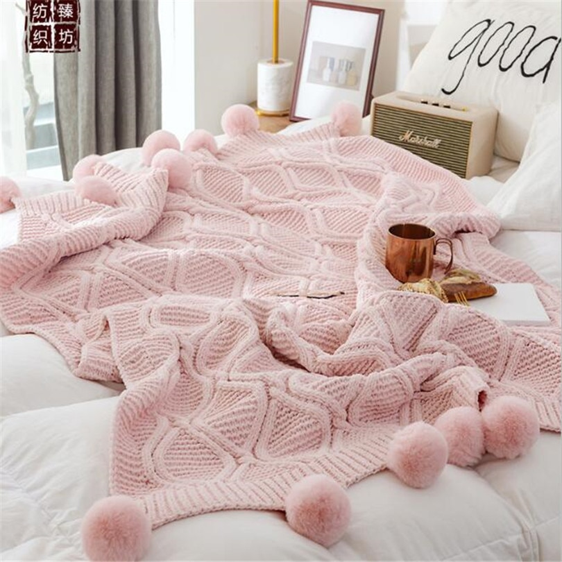 Strikket tæppe sofa kaste tæpper bomuld pompom baby tæpper hæklet tæppe til seng sofadæksel strikket tæppe 160*130cm