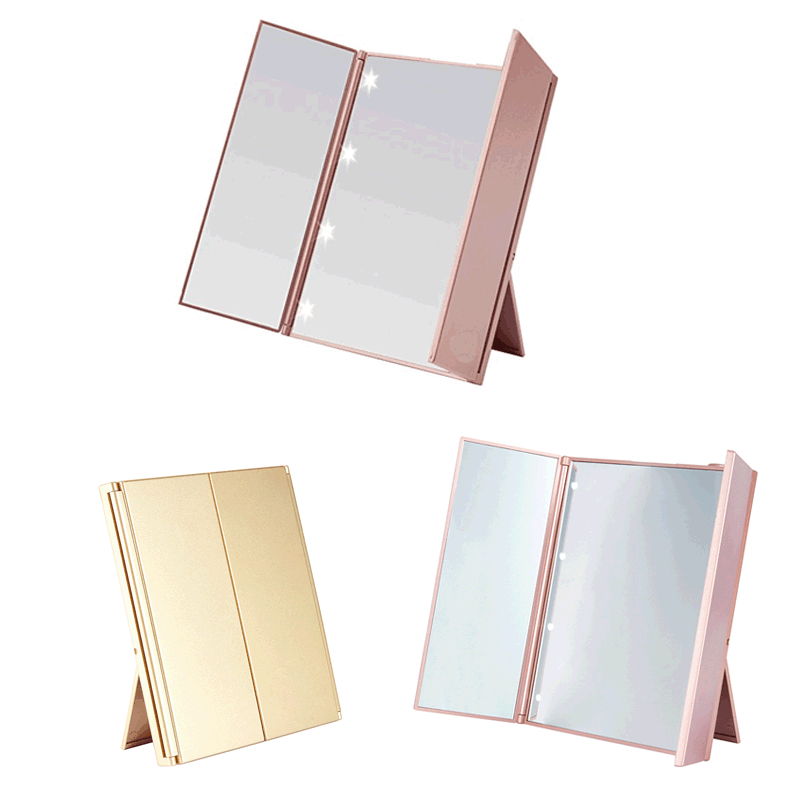 LED Cosmetic Mirror with Light Desktop Small Mirror Clear Portable Tri Fold Makeup Espejo Button Battery Bathroom Miroir