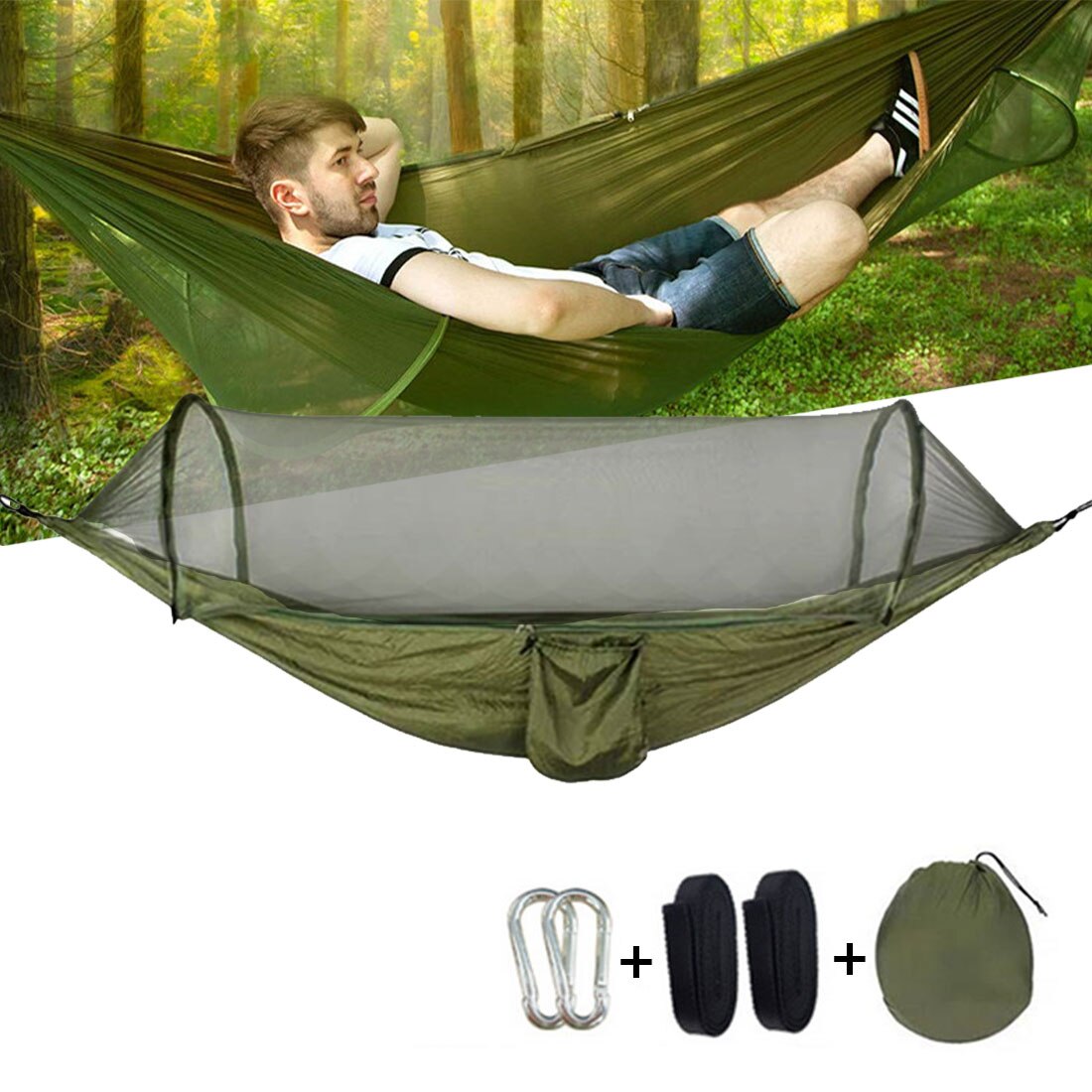 Hangmat Met Anti-Muggen Outdoor Dubbele Nylon Parachute Doek Camping Klamboe Quick Open Hangmat Controle Hangmat Kamp
