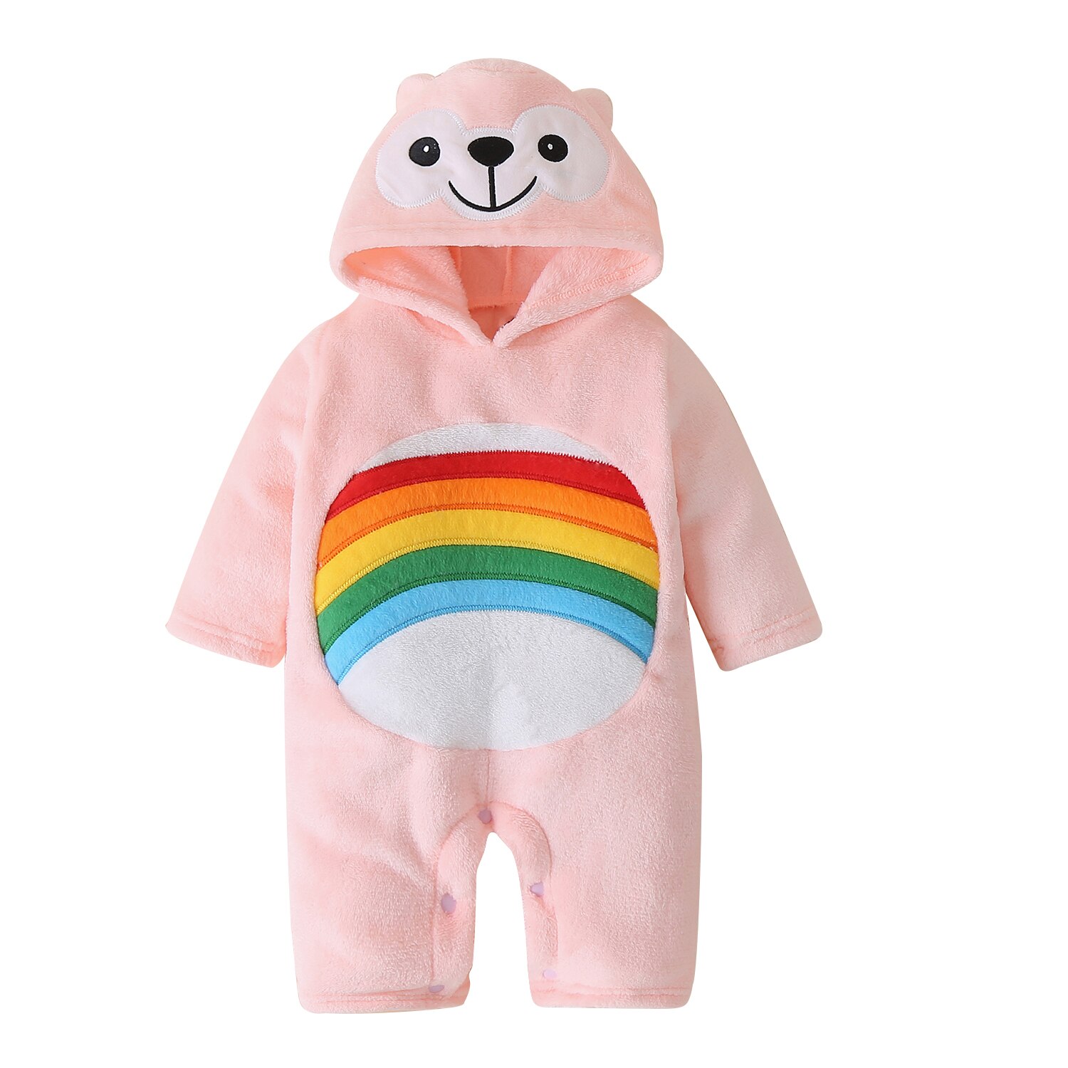 Cute Newborn Baby Boy Girl Autumn Winter Velvet Clothes Rainbow Print Romper Long Sleeve Hooded Jumpsuit One-piece Outfit 0-18M: Pink / 3M