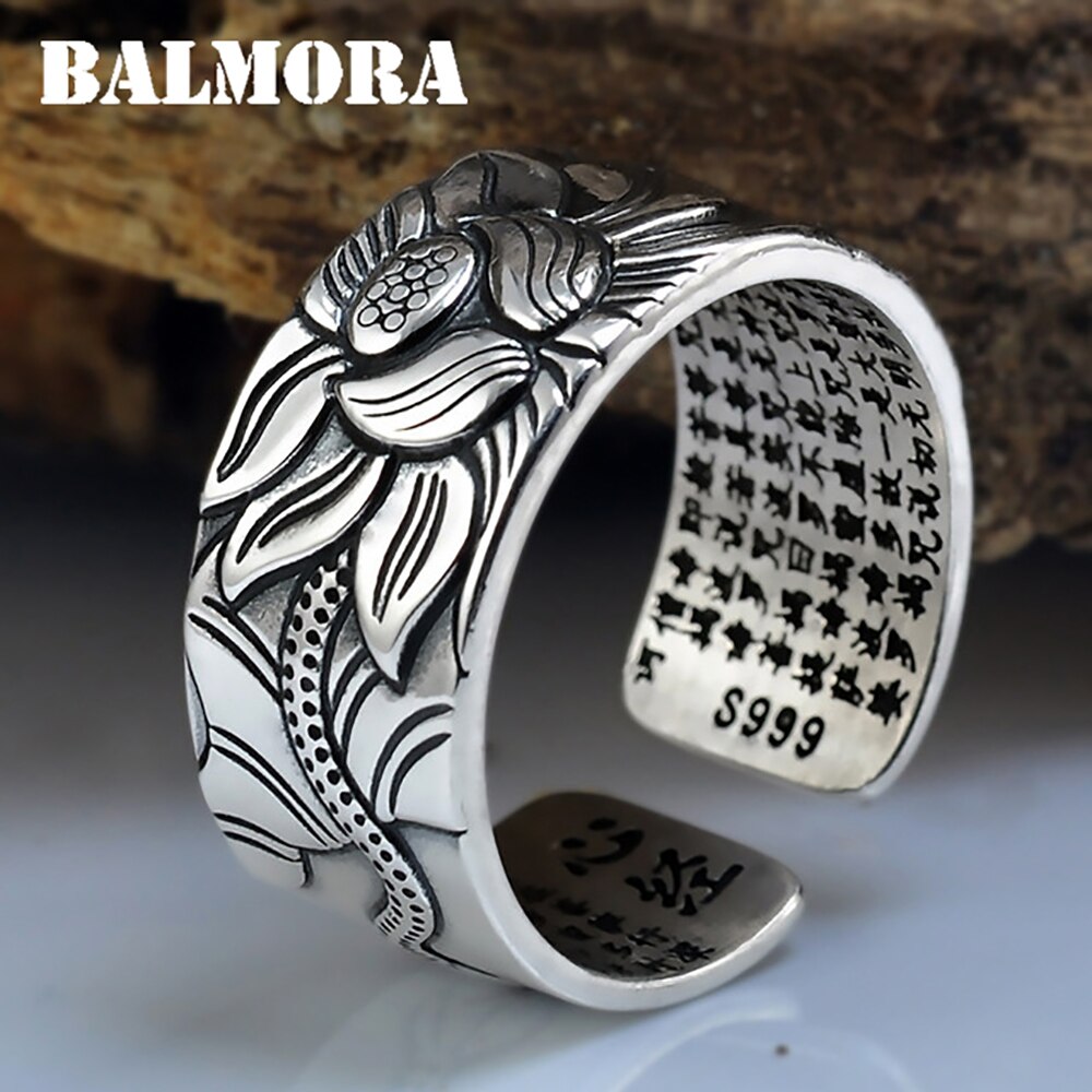 Balmora real 999 puro prata retro flor de lótus aberto empilhamento dedo anel para homens budismo sutra moda jóias