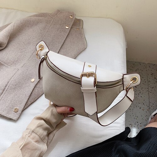 Chain Fanny Pack Banana Waist Bag Brand Belt Bag Women Waist Pack PU Leather Chest Bag Belly Bag Woman Bag: Beige