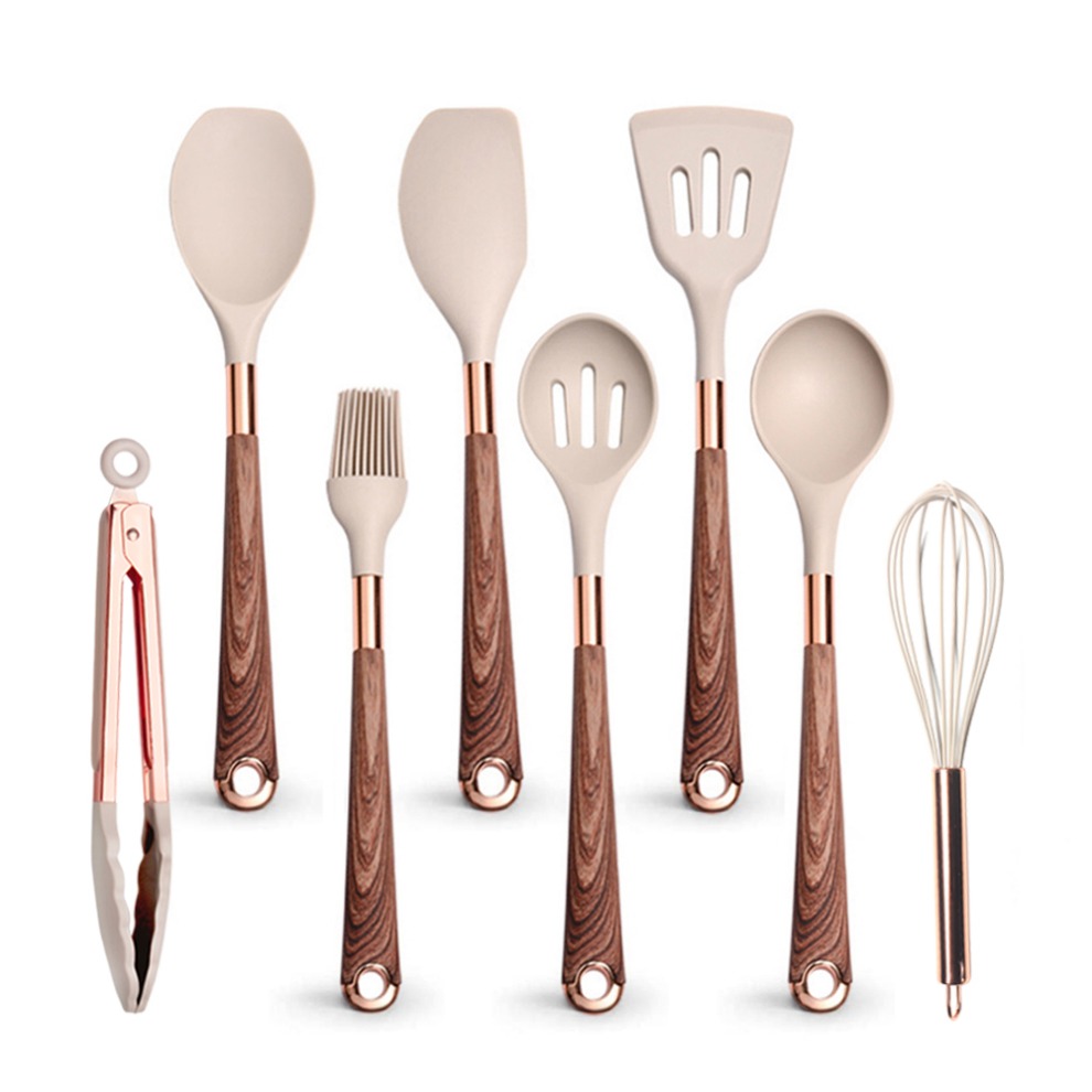 Silicone Cooking Utensils Set Heat Resistant Kitchen Spatula Spoon Non-Stick Tools With Rose Gold-Plated Handle And Holder: Burgundy