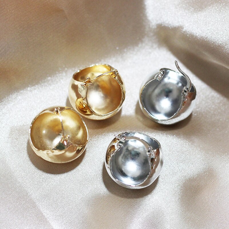 SRCOI Korea Gold Silver Color Half Ball Hoops Earrings Simple Metal Round Basket Bag Earrings Woman Party Wedding