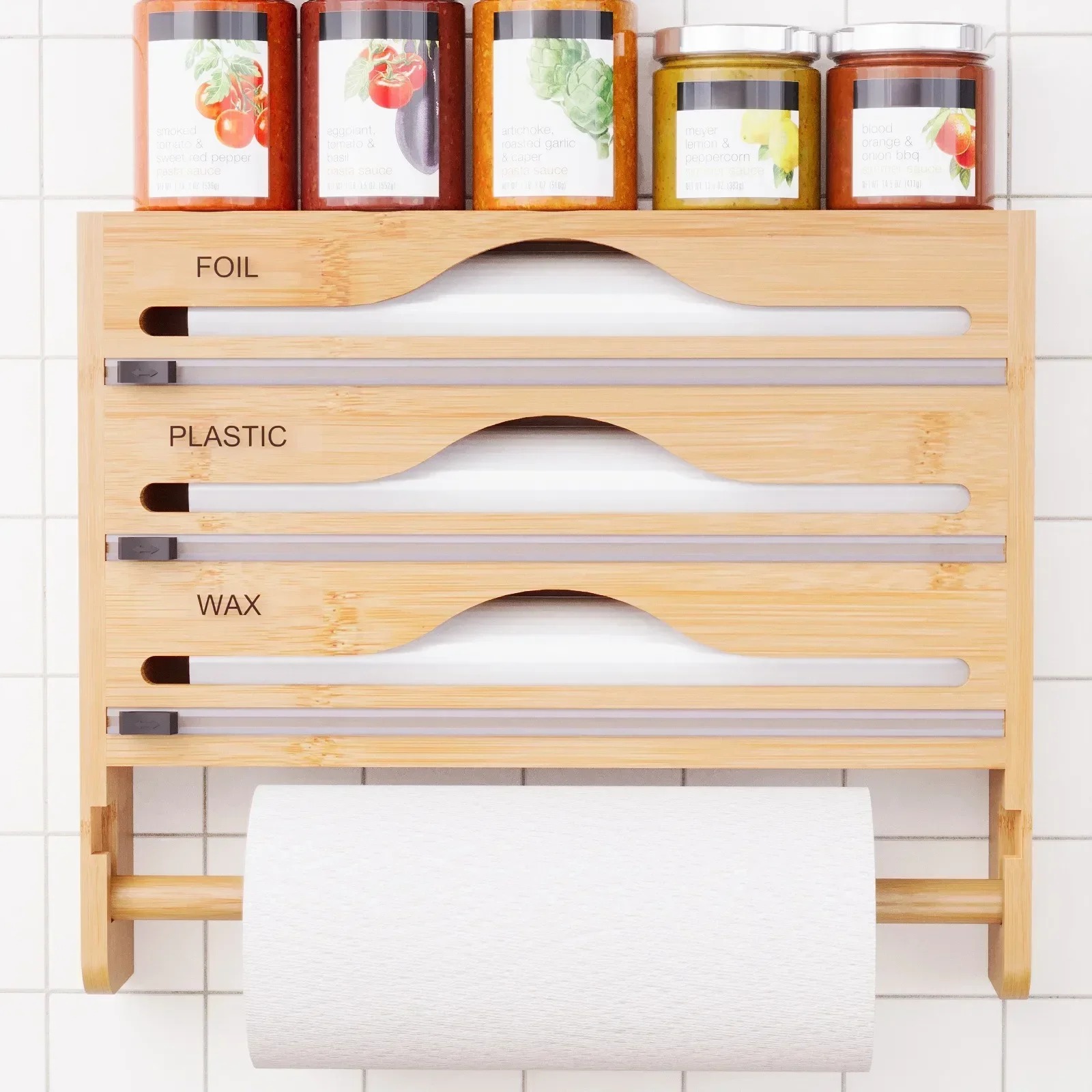 Keuken Bamboe Compartiment Vershoudfolie Tin Folie Cutter Box Keukenpapier Wandmontage Papieren Handdoek Keuken Organizer Accessoires