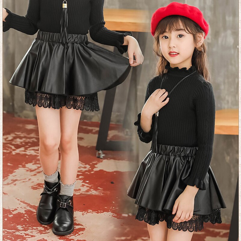 Children's PU Leather Skirt Autumn Winter Toddler Clothing Kid Faux Leather Mini Skirts Baby Princess Lace Clothes for 3-13Years