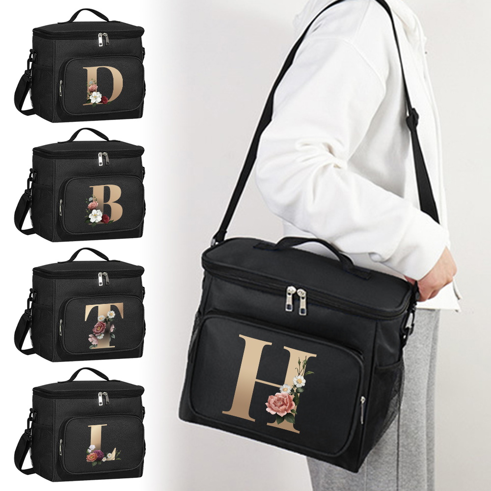 Multifunctional Lunch Bag for Teenage Black Color Picnic Meal Box Waterproof Lunch Box Gold Letter Printing Series