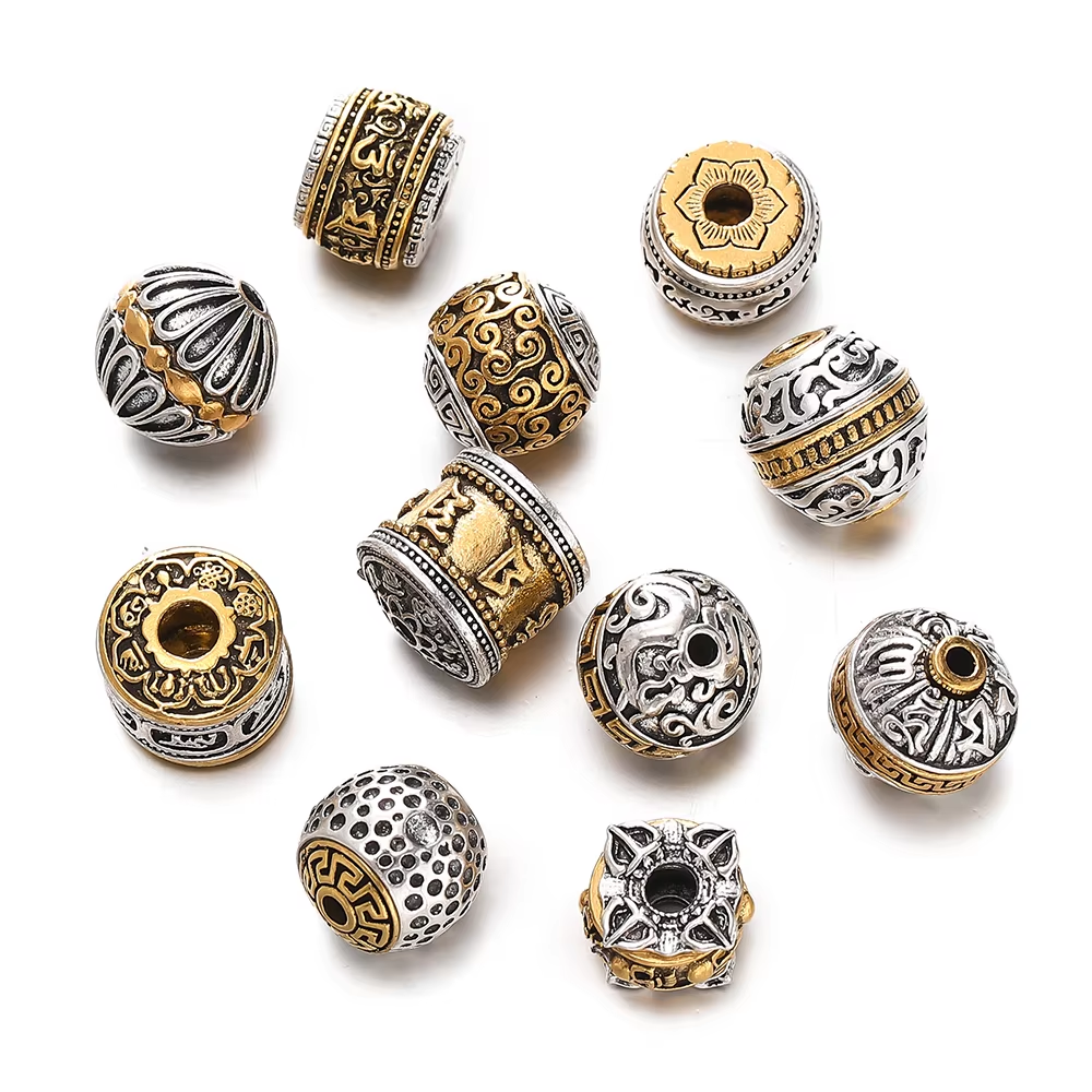 5 unids/lote cilindro redondo budista nepalí tibetano Color plata/oro cuentas sueltas de Metal para fabricación de joyería DIY pulsera