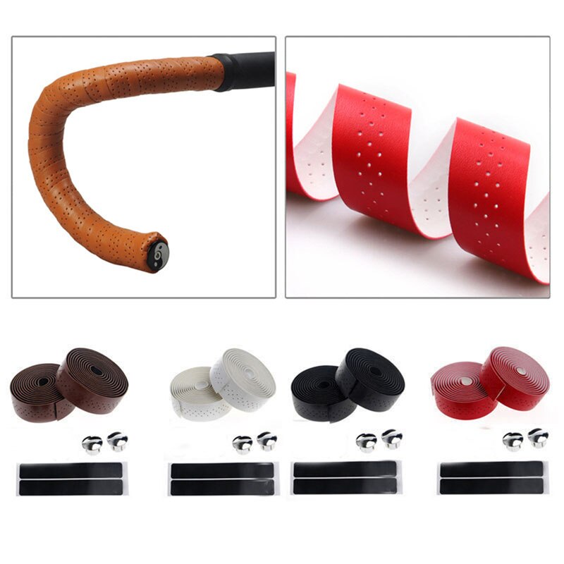 1 par cyklar mtb vägcykel styrtape pu läder cykel kork wrap bar grepp band näthål bälte bar solid färg
