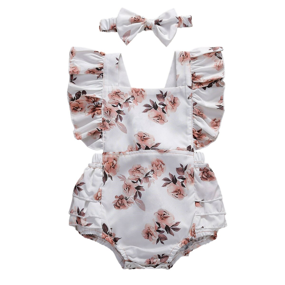 Baby sommer tøj spædbarn nyfødt baby pige blomster romper ærmeløs flæse jumpsuits med pandebånd: Hvid / 6m