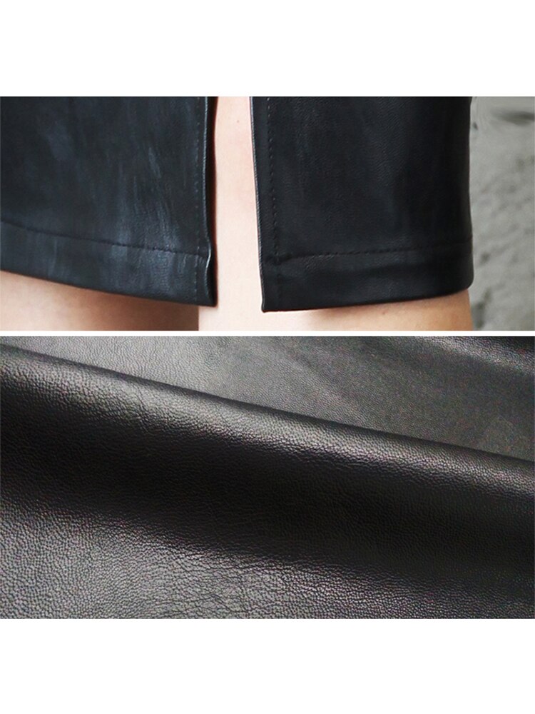 Saia midi de couro feminina, saia tipo lápis com fenda frontal ou traseira, para outono e inverno 2019