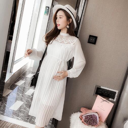 Chiffon Dresses Maternity Clothes For Pregnant Women Long Sleeve Pleated Dresses Pregnancy Maternity Dress Spring: white / XXL
