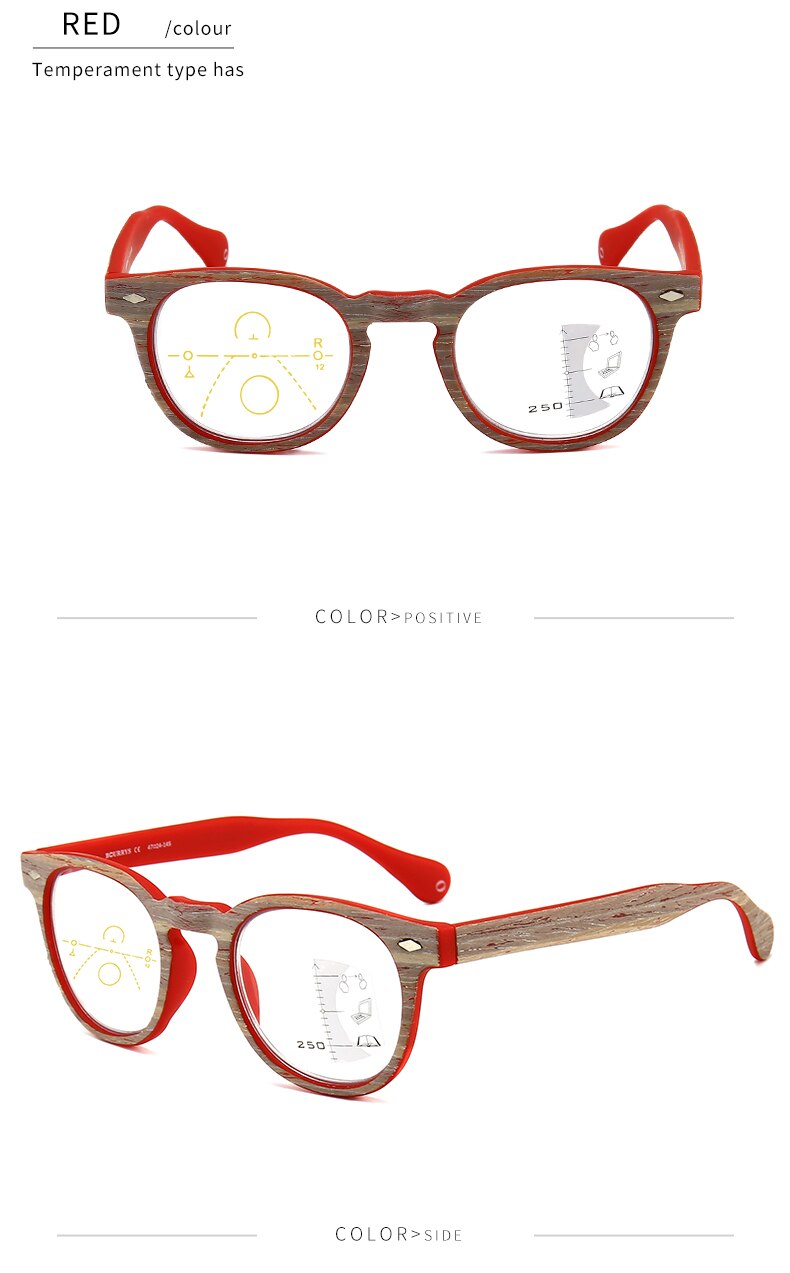 Mens high end Progressive multifocal reading glasses Women prescription glasses Wooden glasses frame for Unisex large T1810: +300 / Red