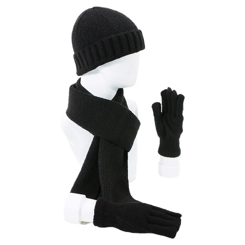 Unisex Winter 3 Stuks Beanie Hoed Lange Sjaal Handschoenen Set Effen Kleur Gebreide Warmer F3MF: Black