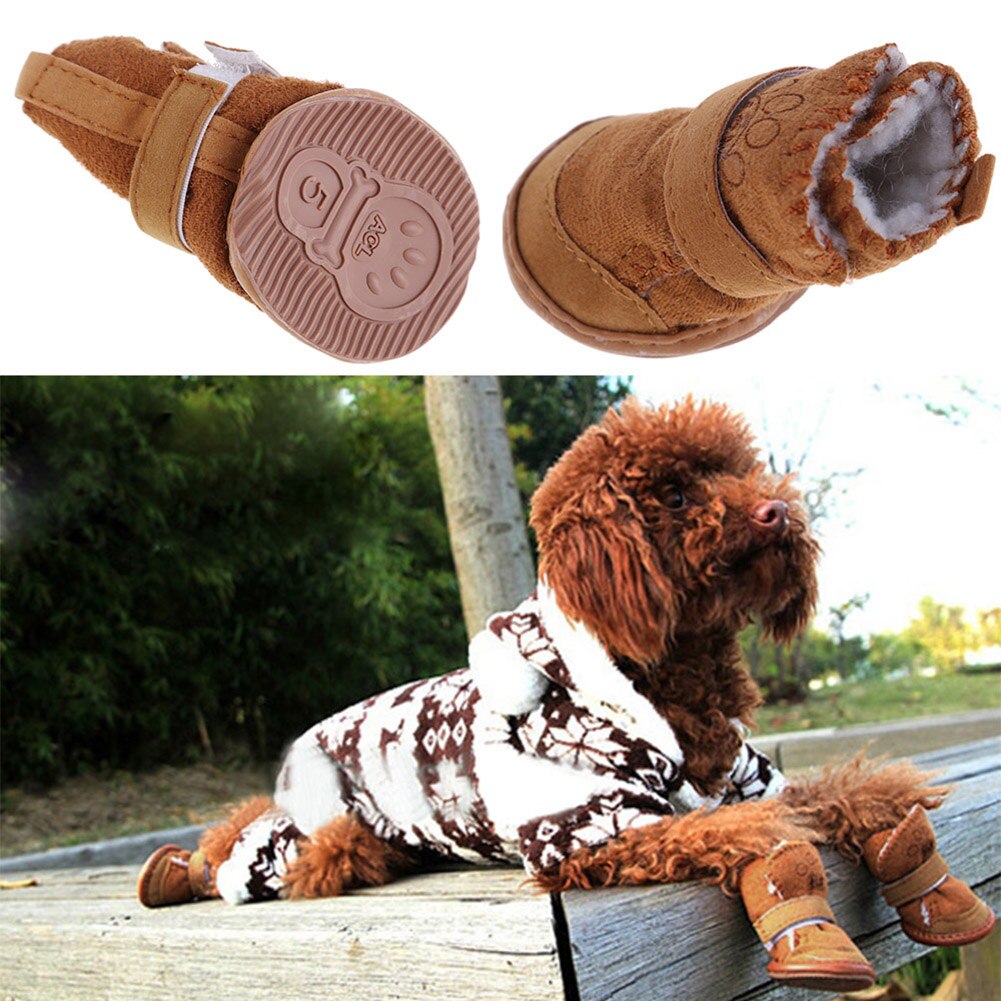 Solid Soft Lovely Puppy Shoes Thicken Warm Fleece Pet Shoes Snow Boots Adjustable Strap Pet Socks Pet Accessories