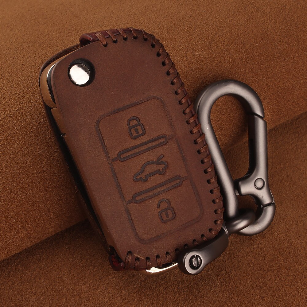 KEYYOU Leather Car Key Case Remote Key Cover For VW Volkswagen Amarok Polo Golf MK4 Bora Jetta Altea Alhambra Fob Key: 3Button Brown