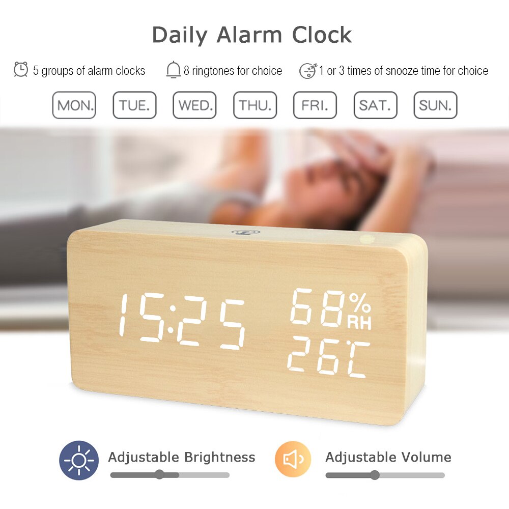 Led Houten Digitale Wekker Voice Control Temperatuur Display Backlight Elektronische Usb/Aaa Aangedreven Klok Tafel Voor Home Decor