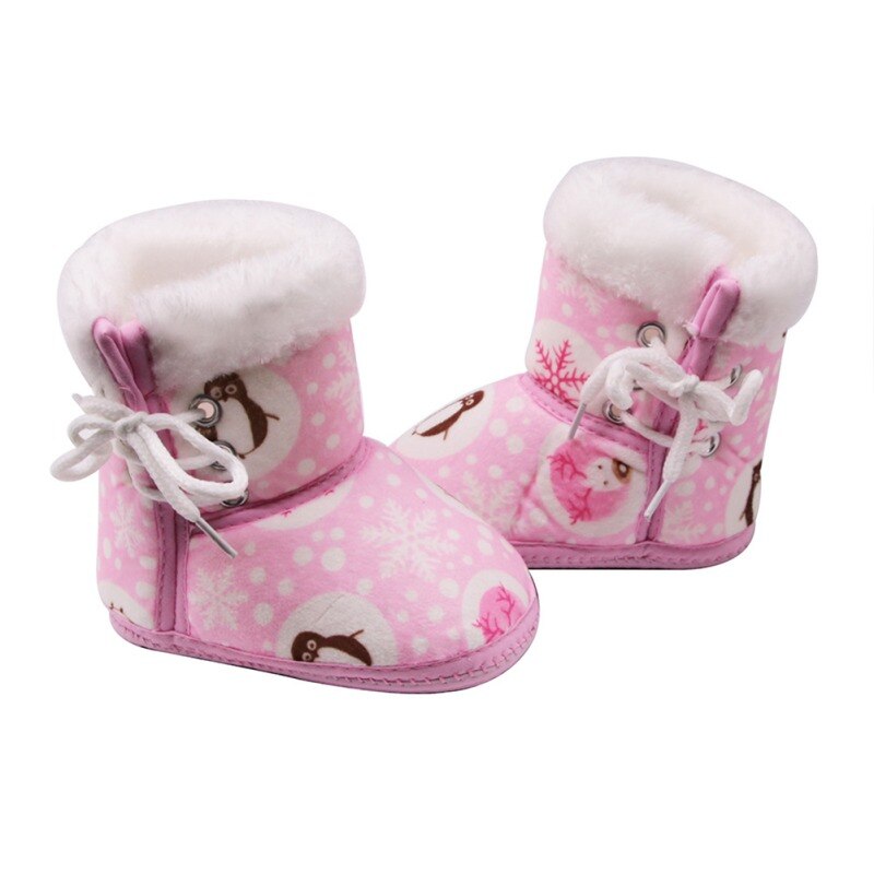 Botas de invierno para bebé, botas para niña recién nacida, suaves y cálidos zapatos de algodón con lazo lateral para bebé con estampado de pingüinos y copos de nieve