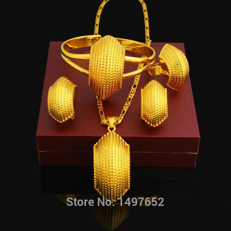 Ethiopische Slak Desigh Sieraden Set 24 K Goud Kleur Ketting/Hanger/Earring/Ring/Bangle Afrikaanse bruiloft Sieraden