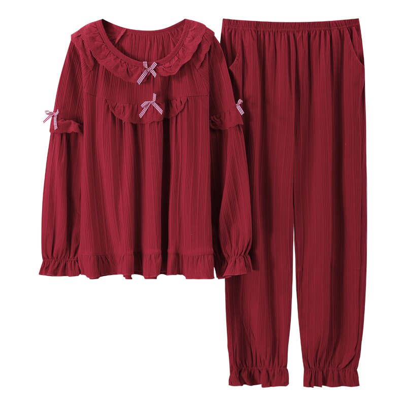 Women O-Neck Lace Pajamas Wedding Festive Red Pajama Sets Sleepwear Long Sleeve Top+Long Pants Pajamas Home Clothing Pyjamas 3XL
