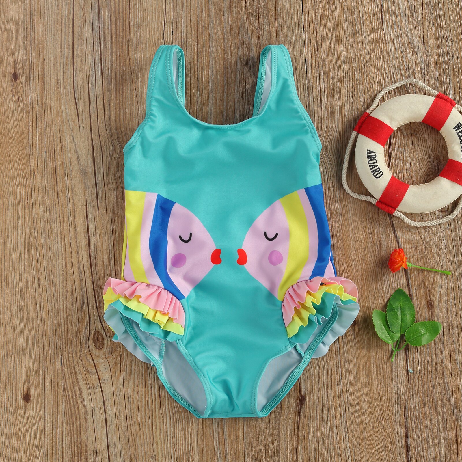 Kids Girls One-Piece Swimsuit, Cute Cartoon Print Cut Out Knot Back Ruffle Bathing Suit