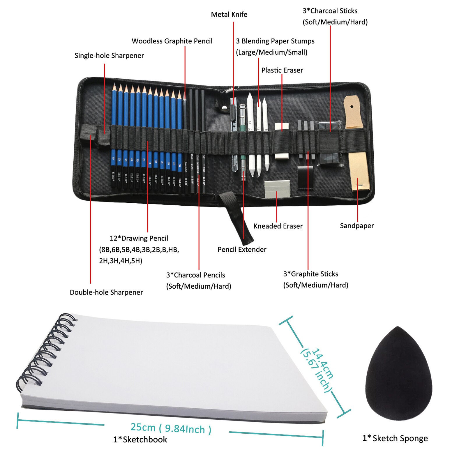 Sketching Graphite Pencils Set Drawing 50page Sketch Pad Eraser Charcoal Sticks Art Supply for Kid Beginners Artist