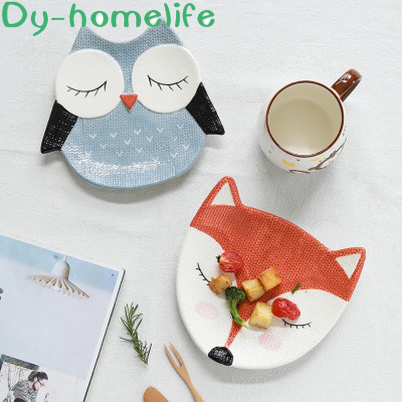 Assiette à dîner en céramique pour enfants | Dessin animé coréen Animal renard chaton forme enfants fournitures de cuisine en famille, assiette de séparation pour enfant