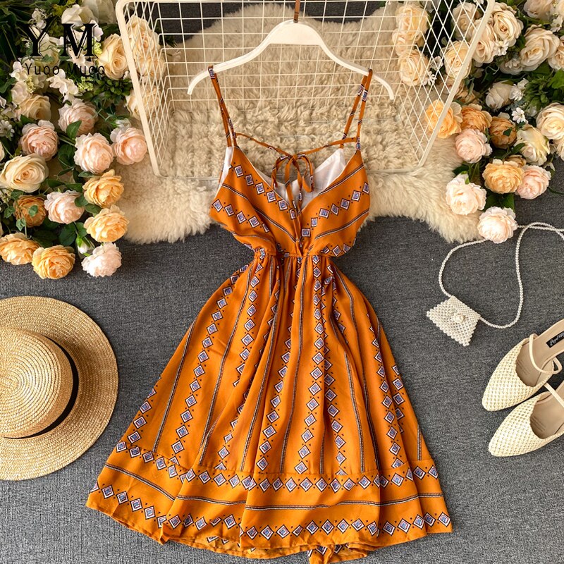 Yuoomuoo Vrouwen Boho Print Jurk Zomer V-hals Backless Bandage Strand Chiffon Jurk Vrouwen Mode A-lijn Jurk Zonnejurk