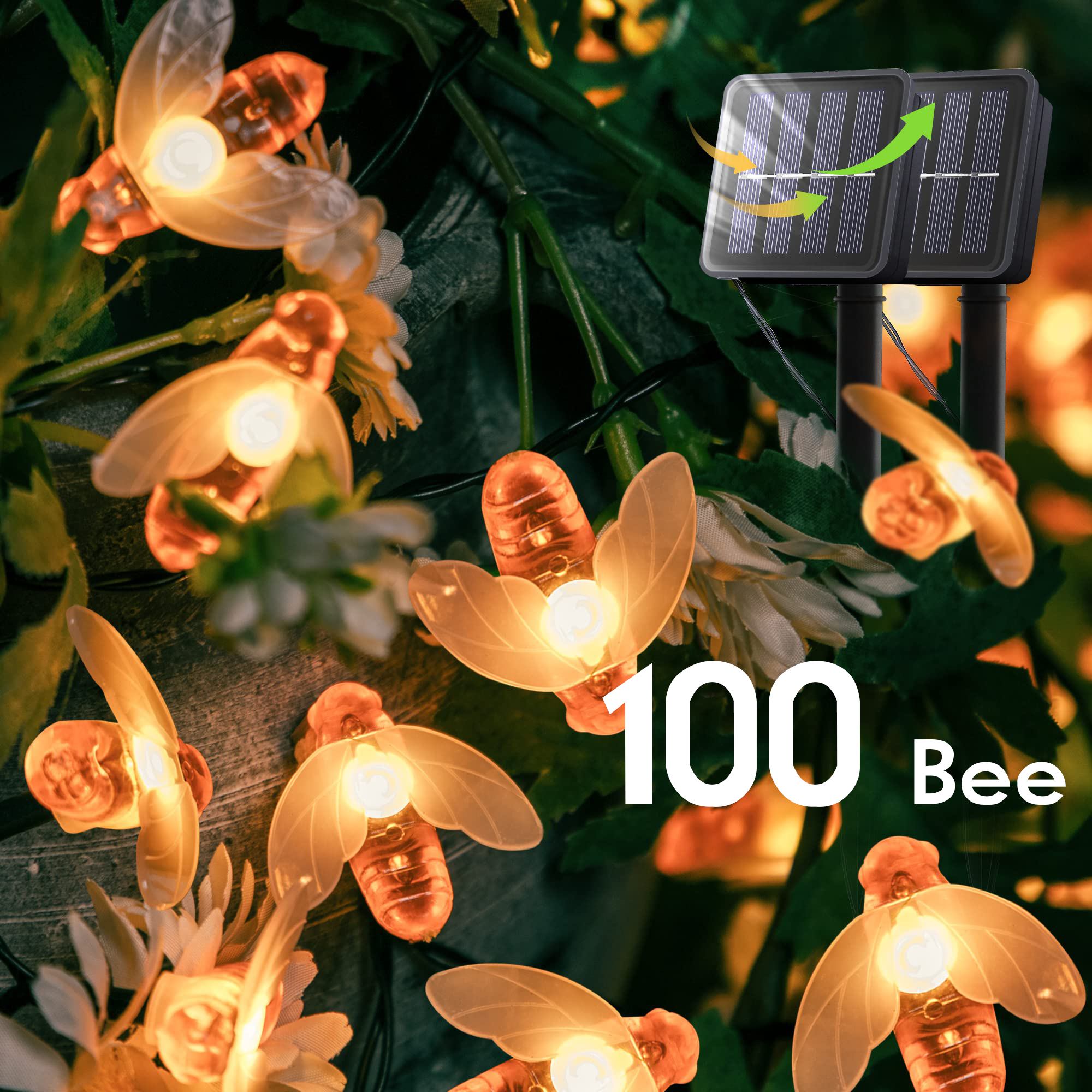 AlliLit 100 LED Solar Bee String Lampe Outdoor Lichterkette Baum Weihnachtsgirlande 8 Modi Wasserdicht Terrasse Garten Party Dekor