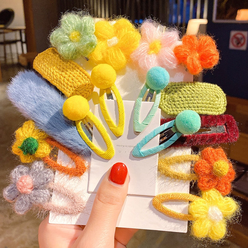 6 Stks/set Leuke Knit Bloem Baby Haar Clips Prinses Meisjes Bb Clip Pompom Kids Haarspelden Haarspeldjes Baby Haar Accessoires