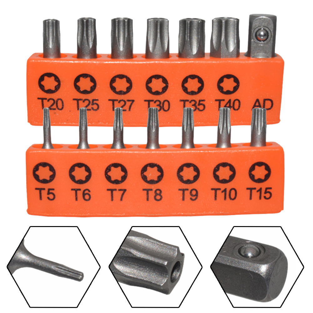 14 stk./sæt 25mm torx-skruetrækkerbits i legeret stål med hul  t5-t40 stk. elektrisk skruetrækker med stjernebits og sekskantskaft, 1/4 tommer
