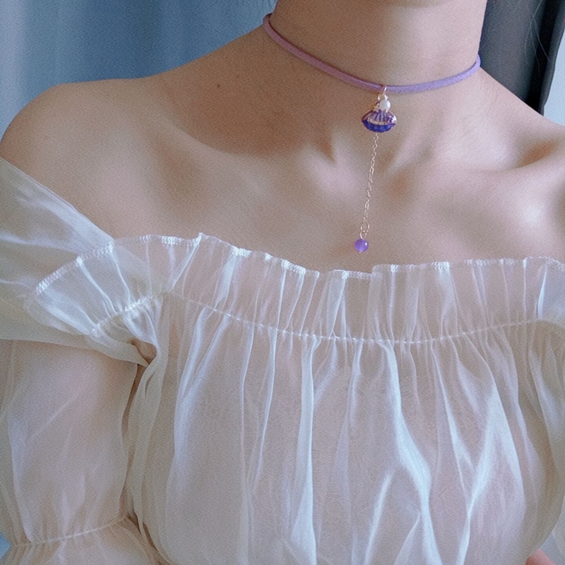 Novo roxo doce uva coração concha laço borboleta pingente gargantilha colar de corrente curta para feminino meninas festa