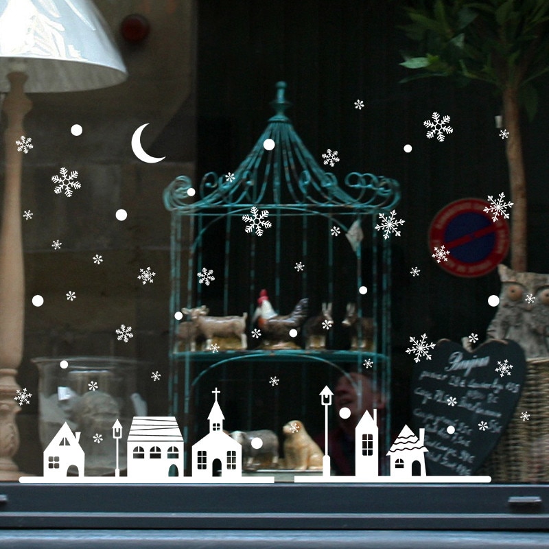 Sticker Christmas Shop Window Decoration Wall Stickers Kids Room DIY Snow Christmas Snowflakes Town Wallpaper Decoration #45