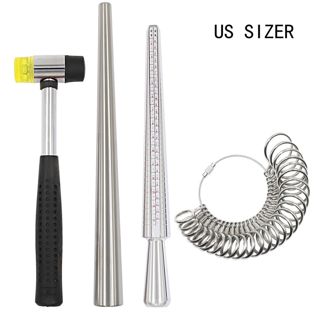 4 Stuks Ring Mandrel Sizer Tool Met Metalen Doorn Finger Sizing Meetstok En Ring Sizer Guage En Rubber Juweliers hamer: US size set