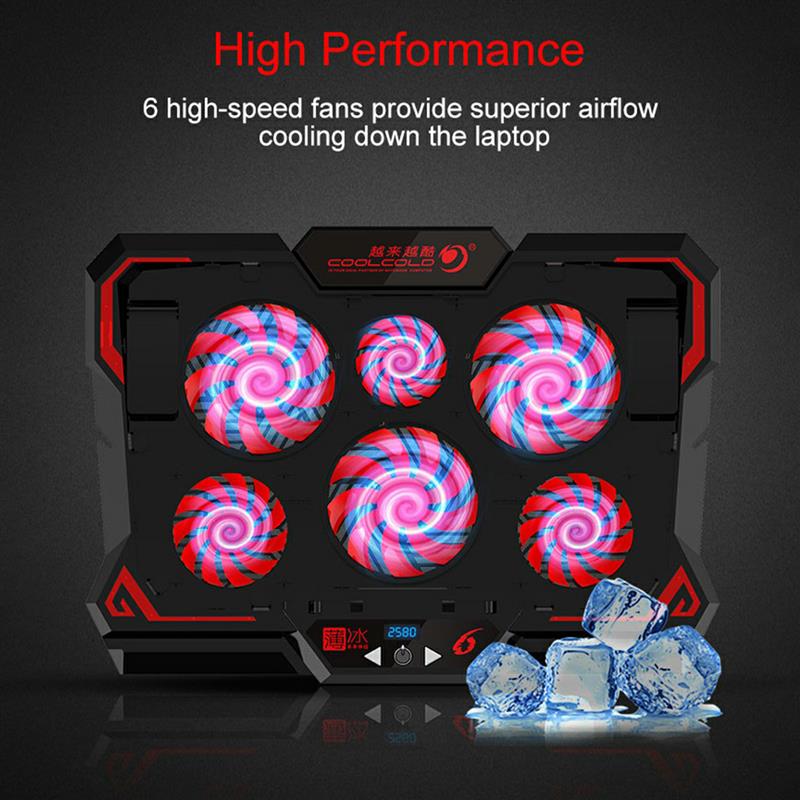 COOLCOLD 17inch Gaming Laptop Cooler Six Fan Led Screen Two USB Port 2600RPM Laptop Cooling Pad Notebook Stand for Laptop