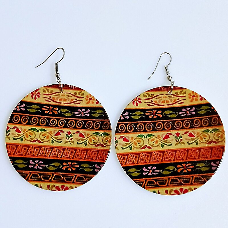 Afrykańskie kolczyki w stylu klasyczny drewniane kolczyki w stylu etnicznym kolczyki w stylu etnicznym tkanina wzór nadrukowany pętle na uszy dla damska biżuteria na prezent